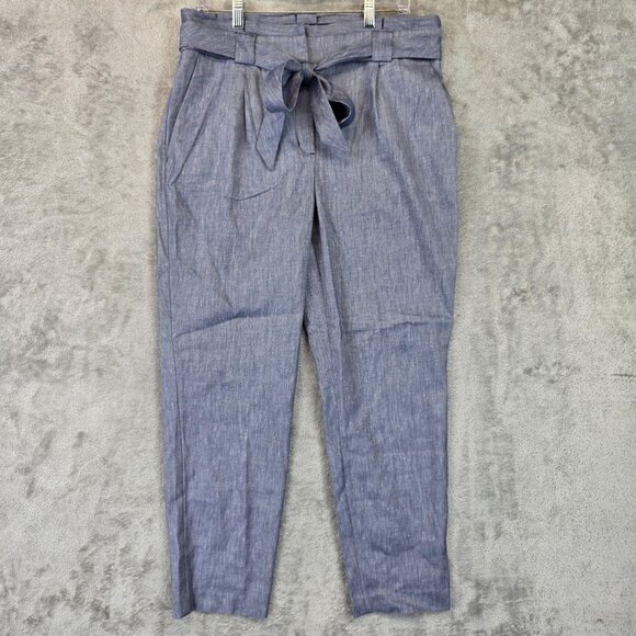 Express Pants Womens Size 12R Blue Ankle High Rise Belted Linen Blend Tapered - Picture 1 of 14